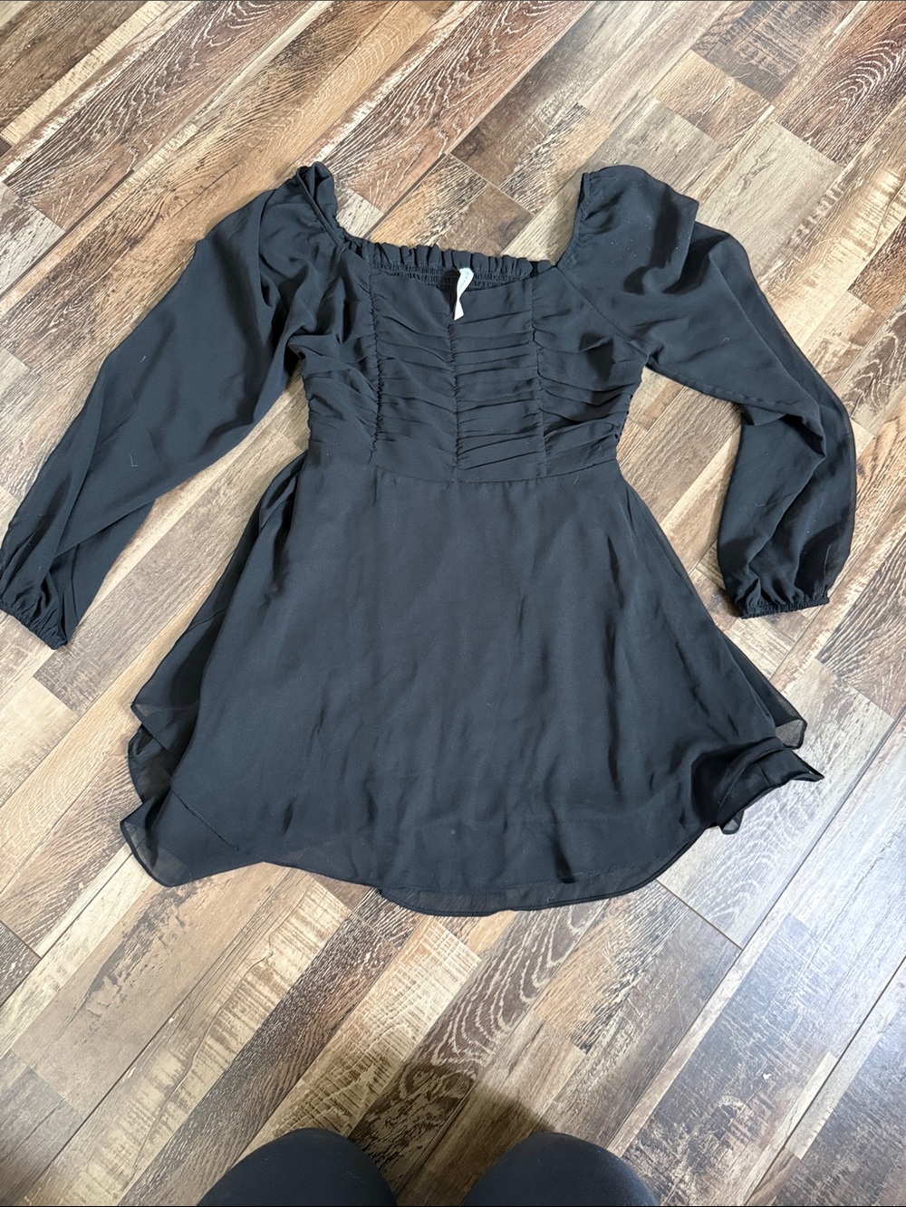 Altar'd State Black Long-Sleeve Ruched Square Neck Mini Dress